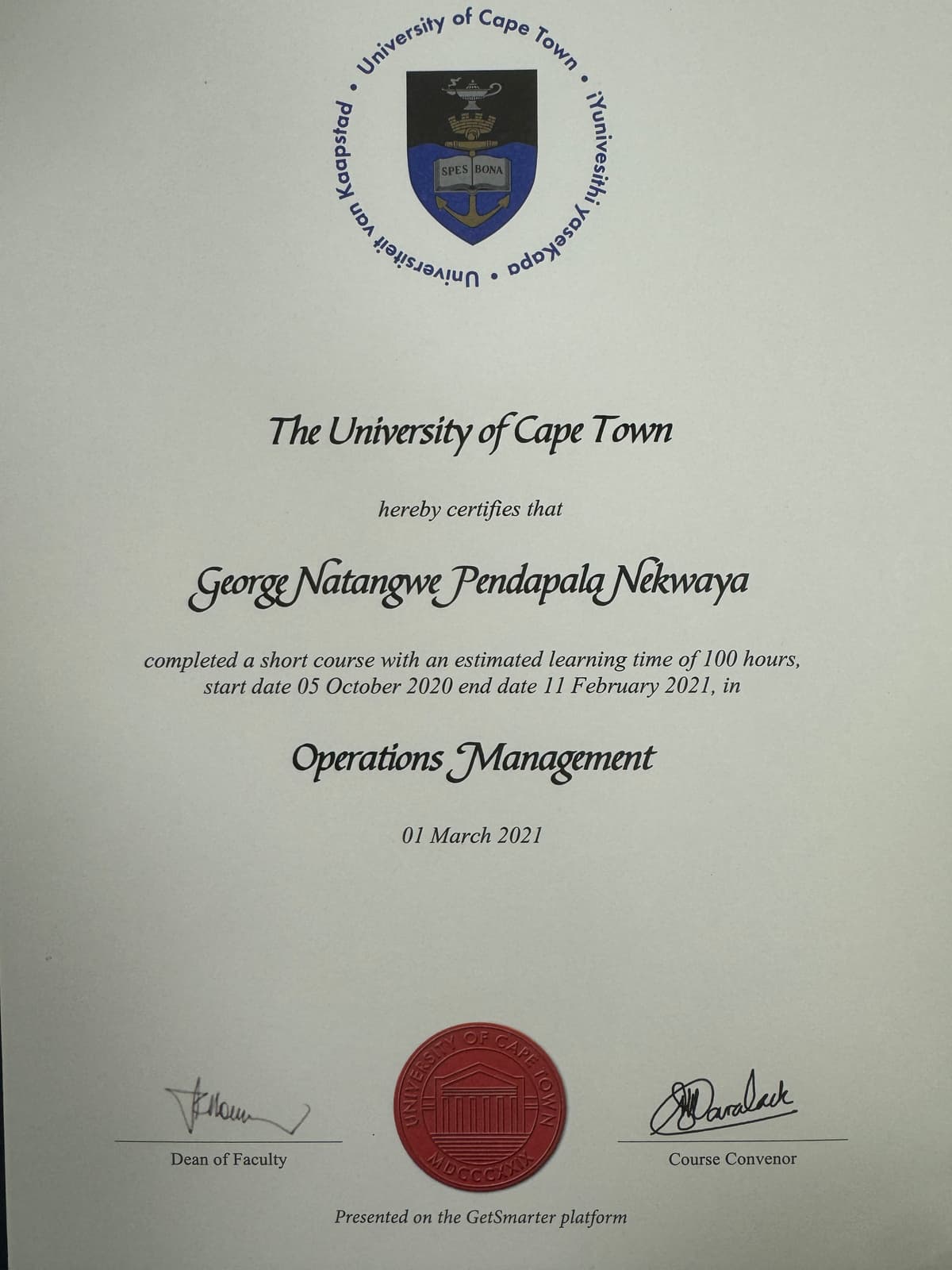 Operations Certificate